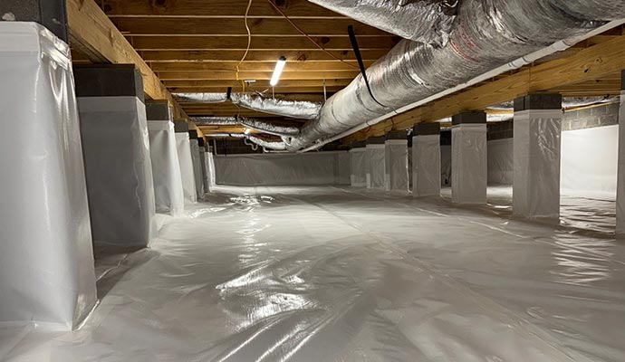 Finished crawlspace encapsulation for a healthy and dry home A clean and bright crawlspace with a complete white vapor barrier encapsulation