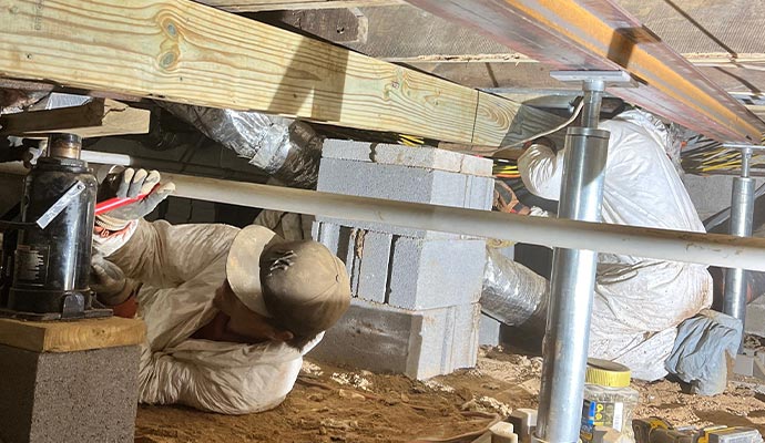 Professional worker repairing crawl space Professional worker repairing crawl space