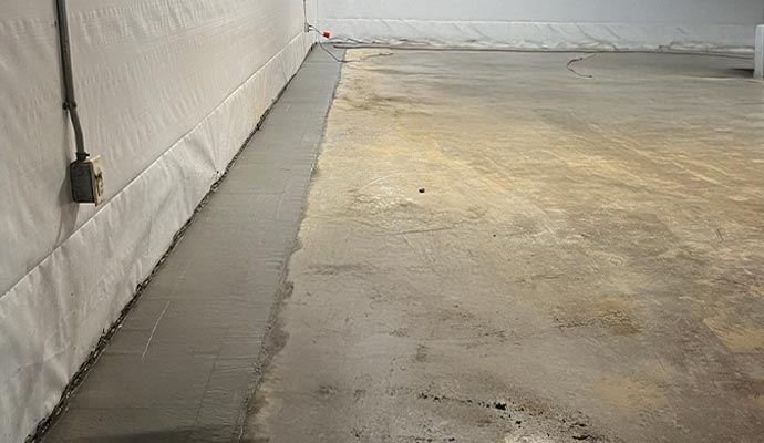 A finished basement floor waterproofing system