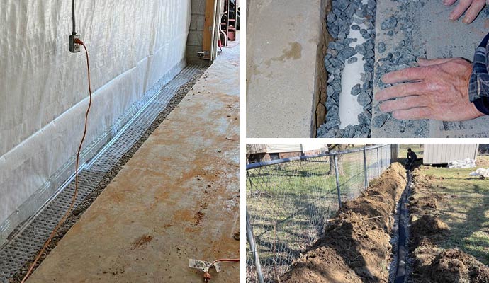 Collage of interior drainage, french drainage, and exterior drainage