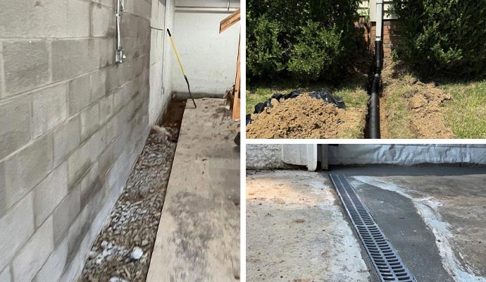 Collage of interior, entryway drainage, and downspout extension