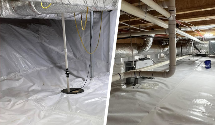 Collage of a sump pump and dehumidifier installed in a crawl space