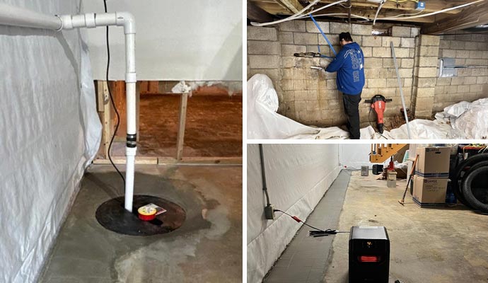 Collage of sump pump, leaking crack restoration, and dehumidification