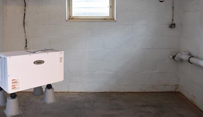 Dehumidifier installed in a ventilated basement