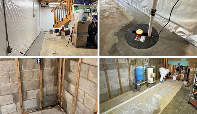 Collage of basement drainage system, installed sump-pump in basement, basement crack-repair and waterproofing service
