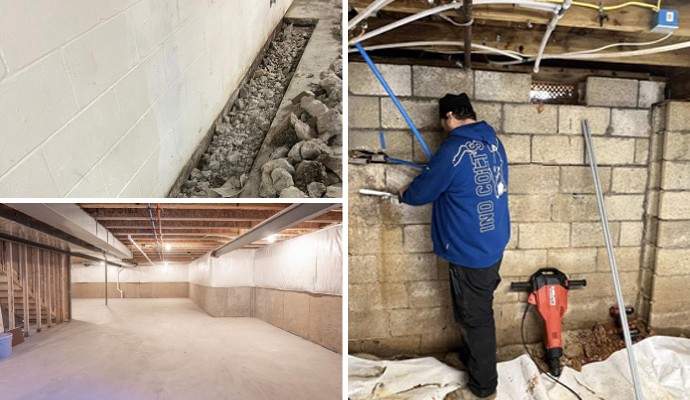 Collage of basement drainage system, waterproofed basement and crack repair service