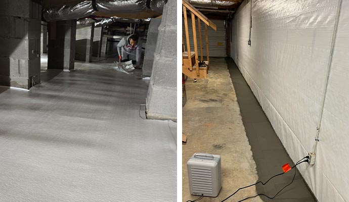 Collage of crawlspace repair service and waterproofed basement