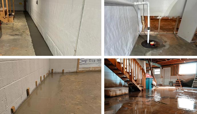 Collage of drainage system, installed sump pump, waterproofed basement floor and flooded basement