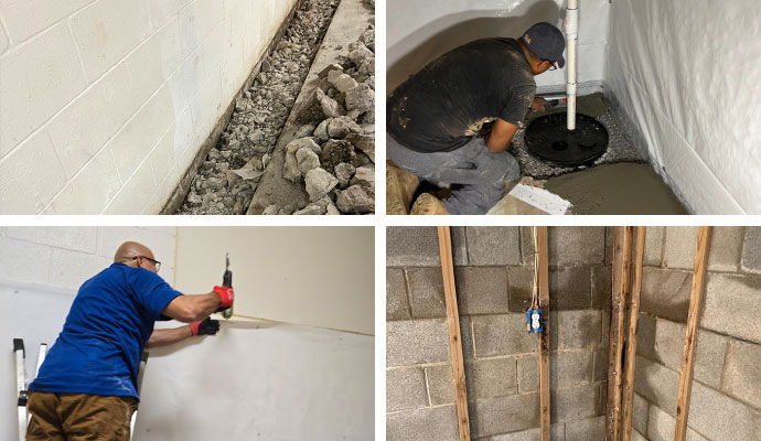 Collage of drainage system, sump pump installation, leaking crack repair and basement wall waterproofing