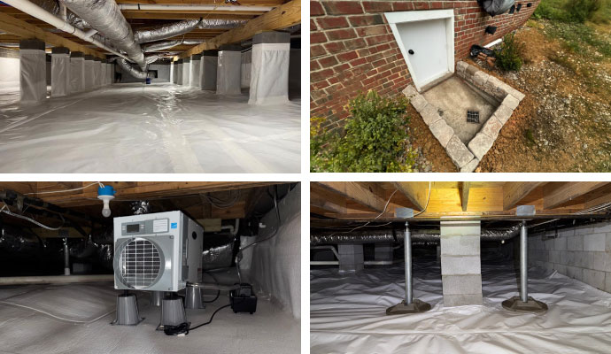Collage of encapsulation, access door, dehumidification and crawl space jacking