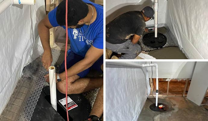 Collage of sump pump installation, repair, and maintenance
