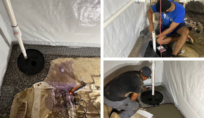 Collage of sump pump installation, repair, and maintenance services