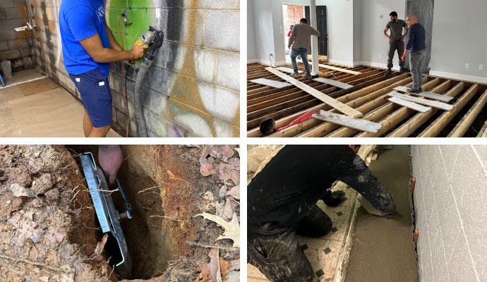 Collage of wall and floor repair, foundation stabilization, and foundation waterproofing