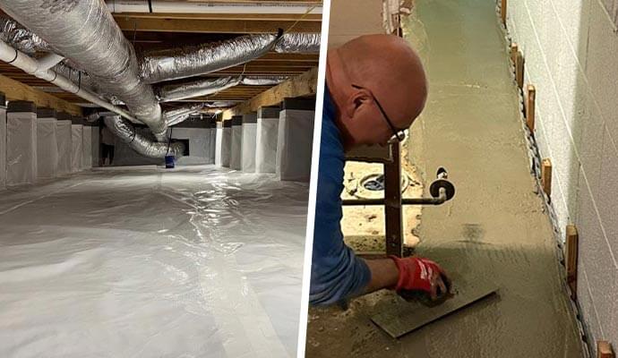 Collage of waterproofed crawl space and foundation repairing service