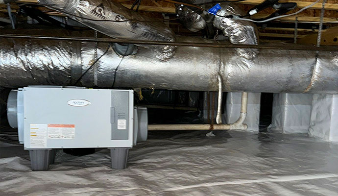 Crawl space with dehumidifier installed for moisture control