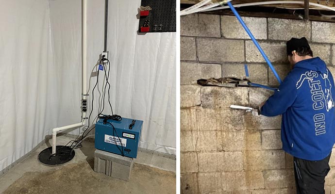 A split image showing a professional crawl space encapsulation with a blue dehumidifier and a technician inspecting a cracked concrete block foundation wall