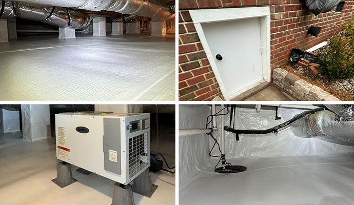 Collage of crawl space encapsulation, dehumidification, access door, and waterproofing service