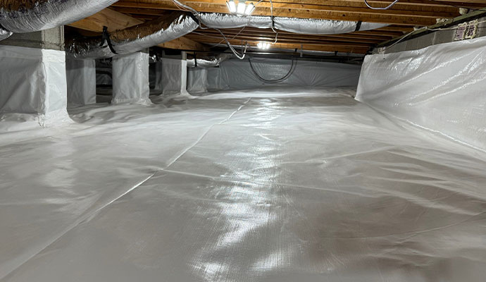 Crawl space waterproofing with vapor barrier