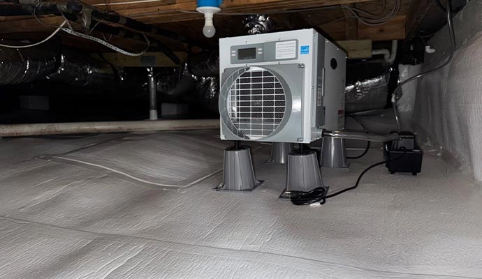 Crawl space with installed dehumidification system