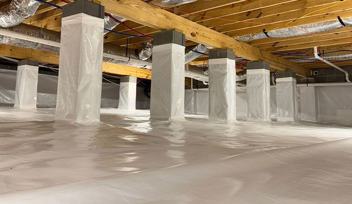 Clean and sealed crawl space with moisture barrier