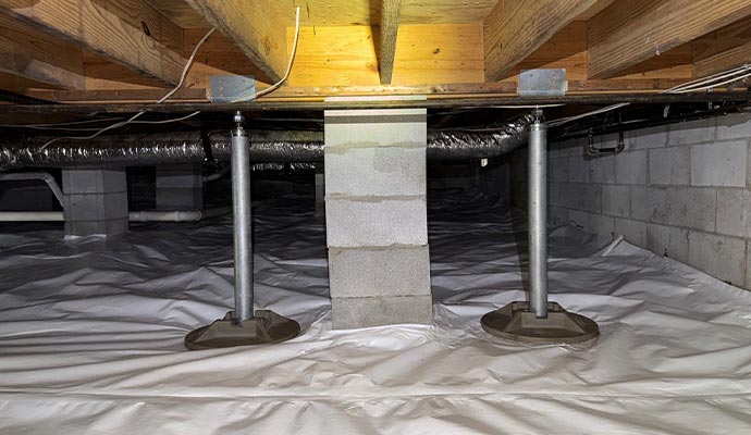 Adjustable steel jack posts supporting home foundation in a crawl space