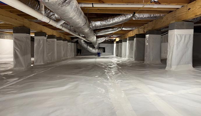 Crawl space with plastic vapor barrier