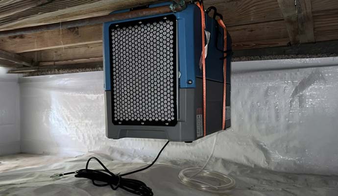 Hanging dehumidifier in encapsulated crawl space