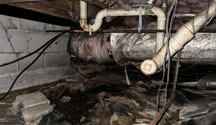 Damaged crawl space ductwork plumbing leak