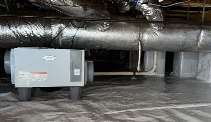Dehumidifier hanging with duct pipe in crawl space