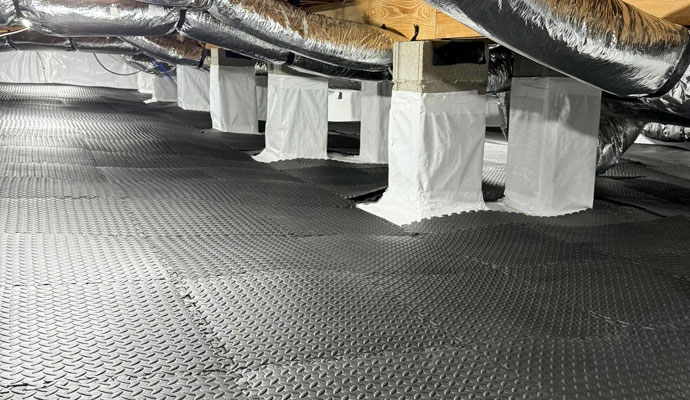 Encapsulated crawl space with black vapor barrier on floor