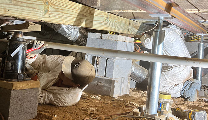 Technicians installing support jacks and wooden beams in a crawl space