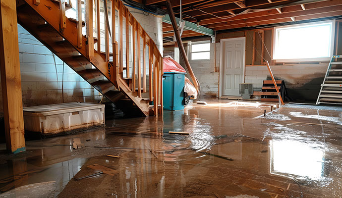 Flooded basement with damaged stored items