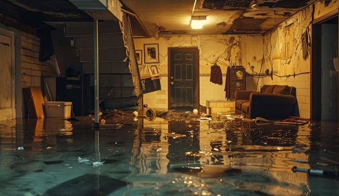 Flooded basement with damaged furniture
