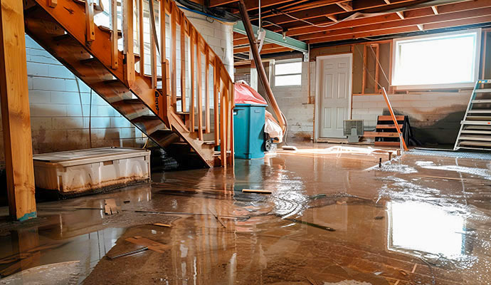 Standing water in a flooded basement requiring water removal