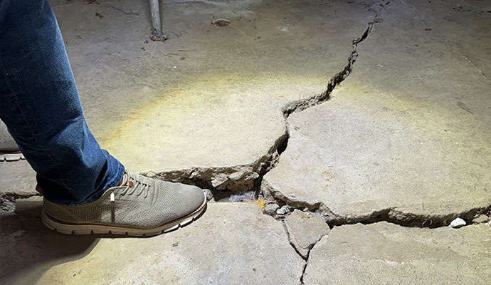 Cracked concrete floor Severely cracked concrete surface with person standing nearby for scale