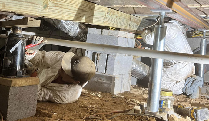 Crawl space floor jacking and stabilization