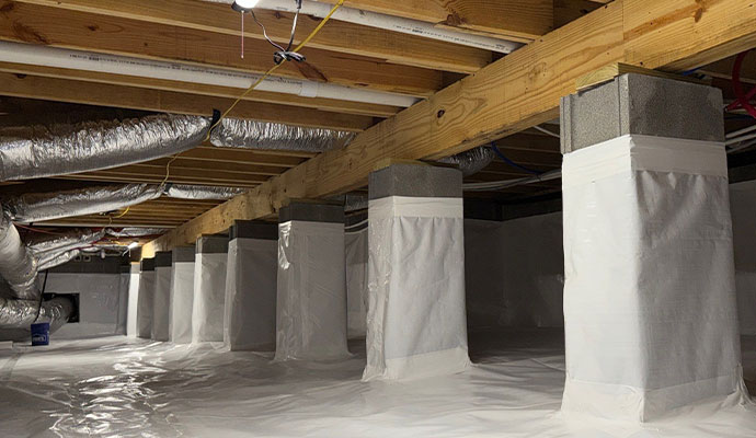 Encapsulated crawl space for moisture control Encapsulated crawl space with vapor barrier and wrapped support columns for moisture control