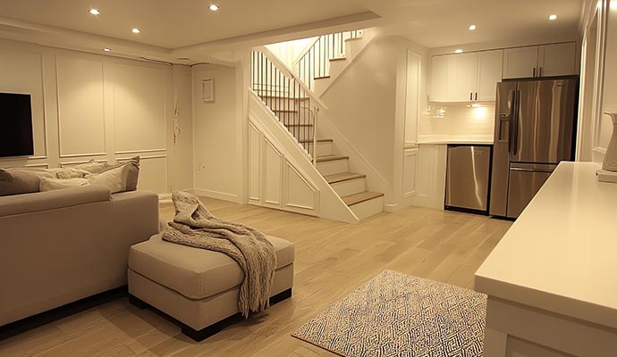 Finished basement designed for living and entertainment space