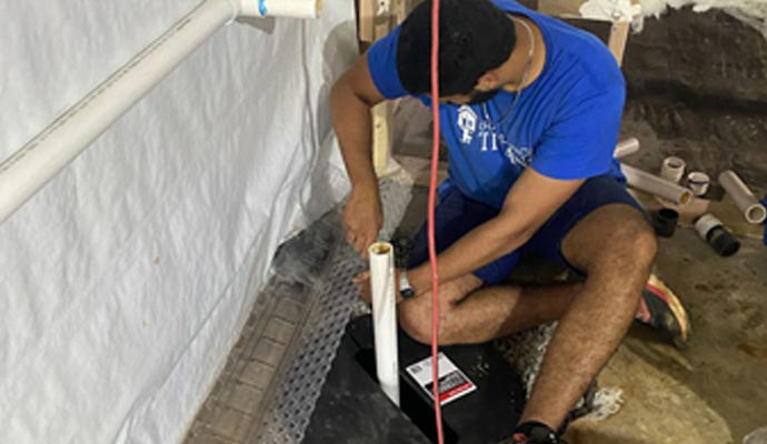 A professional technician installing or repairing a sump pump system in a crawl space
