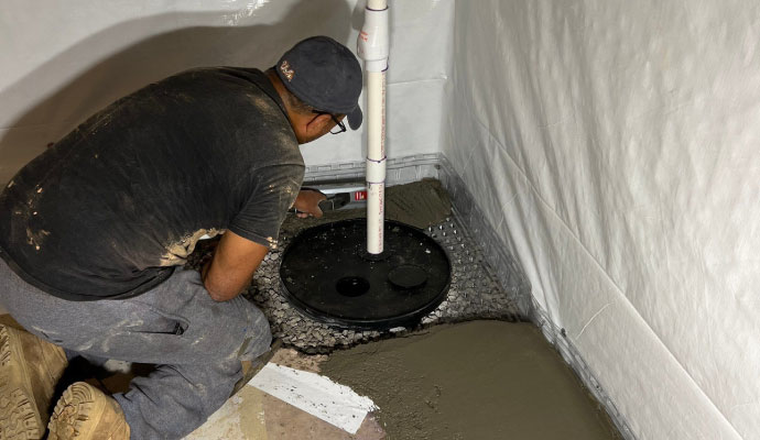 An expert applying concrete around a newly installed sump pump basin