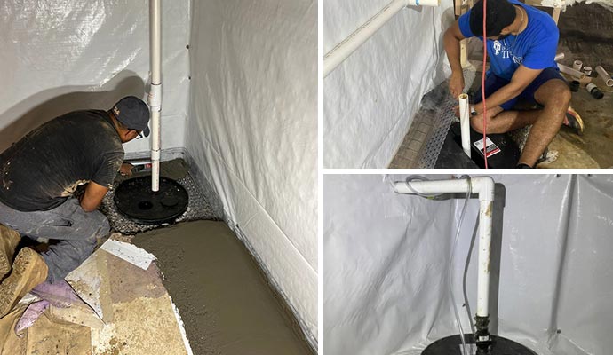 Sump pump and drainage system installation collage