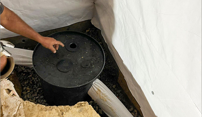 Technician installing a heavy-duty sump pump basin pit in a crawlspace