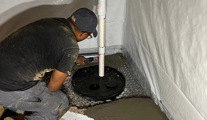 An expert performing sump pump maintenance in a basement