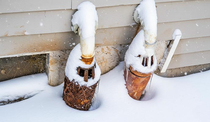 Frozen sump pump discharge lines outside a house foundation