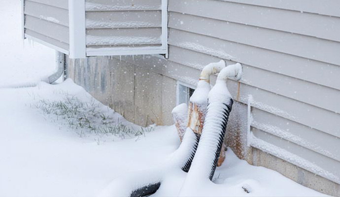Snow and ice covering sump pump discharge pipes