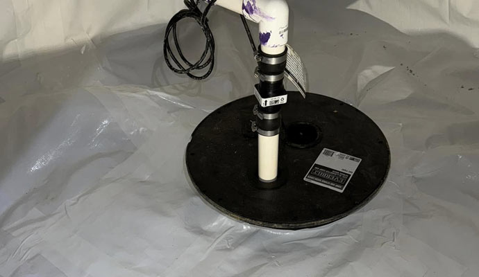 Sealed sump pit with PVC discharge pipe