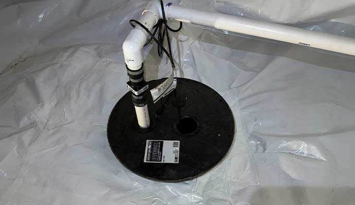 Sealed sump pump basin in crawl space