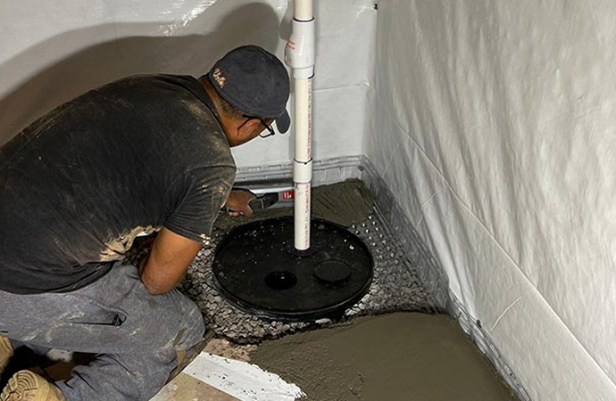 An expert performing sump pump maintenance in a basement