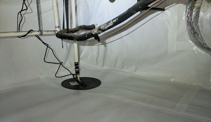 Waterproofed crawl space with sump pump system