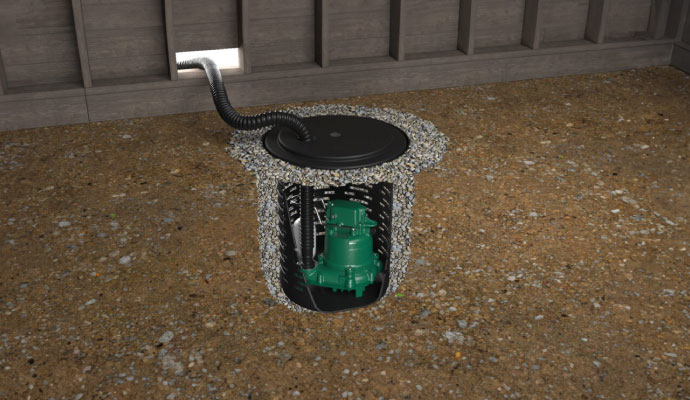Zoeller submersible sump pump installed in a gravel-lined basin